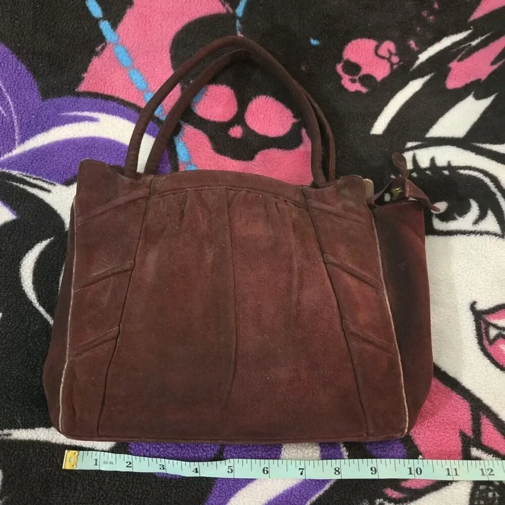 Vintage 80s Burgundy Suede Pleated Slouchy Tote Bag Zip Top Y2K Boho